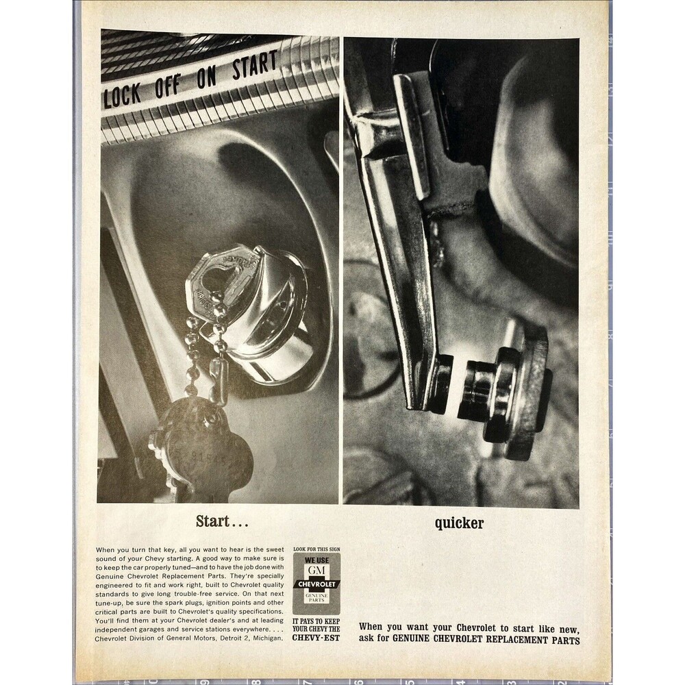 GM Replacement Parts "When you want your Chevy to start it did when new" Ad 1963